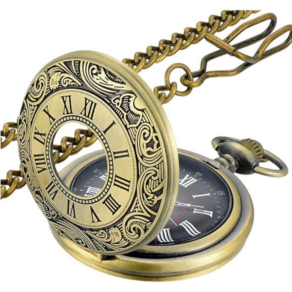 Vintage Style Brass Pocket Watch - Gold Tone with Roman Dial